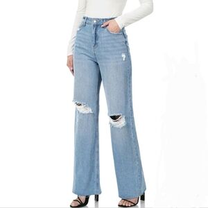 ZENANA Med Wash High Waist Distressed Raw Hem Wide Leg Jeans Women's Size 27
